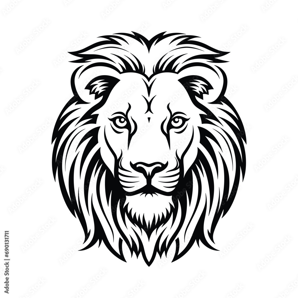 Lion head vector. Lion head black and white drawing, ink sketch, tattoo, logo design. Vector Illustration