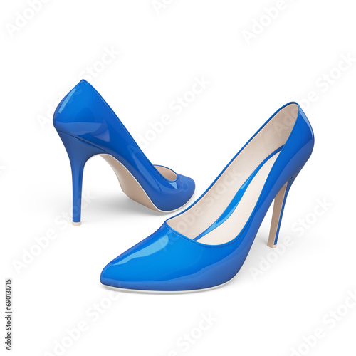 Elegant women's high-heeled shoes. Patent leather. Blue color. 3d illustration. Isolated on white background