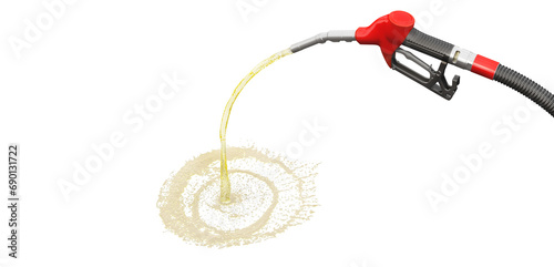 Fuel hose and metering nozzle from the gas pump from which gasoline flows on a white background. A 3D illustration can be used to present an idea of the potential dangers associated with refueling. photo