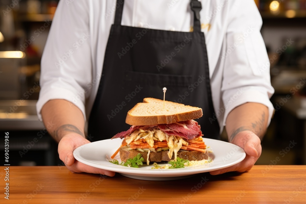 chef presenting a plated reuben sandwich with proud gesture