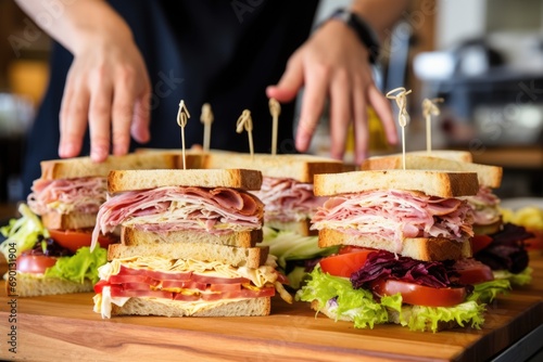 human hands choosing reuben sandwich from a food display