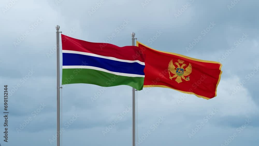 Montenegro and Gambia flag waving together on cloudy sky, endless seamless loop, two country cooperation concept Montenegro and Gambia flag waving together on cloudy sky, endless seamless loop, two country cooperation concept
