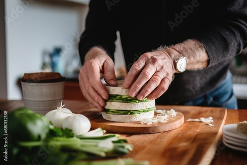 man assembling a rice cake with avocado sandwich