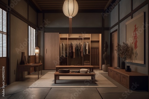 Photo Japanese style wardrobe with wooden furniture in modern house.
