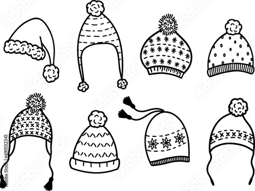 Knitted winter hats in the form of an owl, a bear and a fox. A set of vector icons of warm hats, winter and autumn accessories. Collection of hats with earflaps with animals. Children's clothing. 