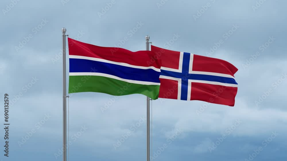 Norway flag and Gambia flag waving together on cloudy sky, endless seamless loop, two country relations concept Norway flag and Gambia flag waving together on cloudy sky, endless seamless loop, two country relations concept