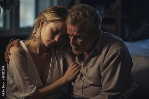 Comforting woman supports distressed older man at home. Emotional support and care.