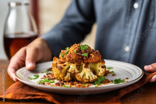 individual savoring a plate of spiced roasted cauliflower