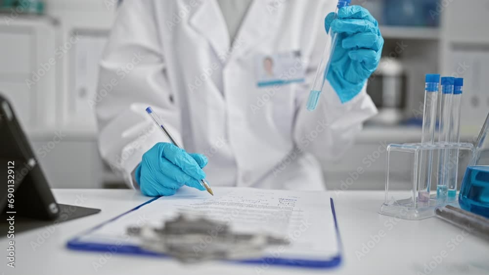 Dedicated woman scientist, hands busily taking notes on a clipboard, holding a test tube at an innovation-filled lab Dedicated woman scientist, hands busily taking notes on a clipboard, holding a test tube at an innovation-filled lab