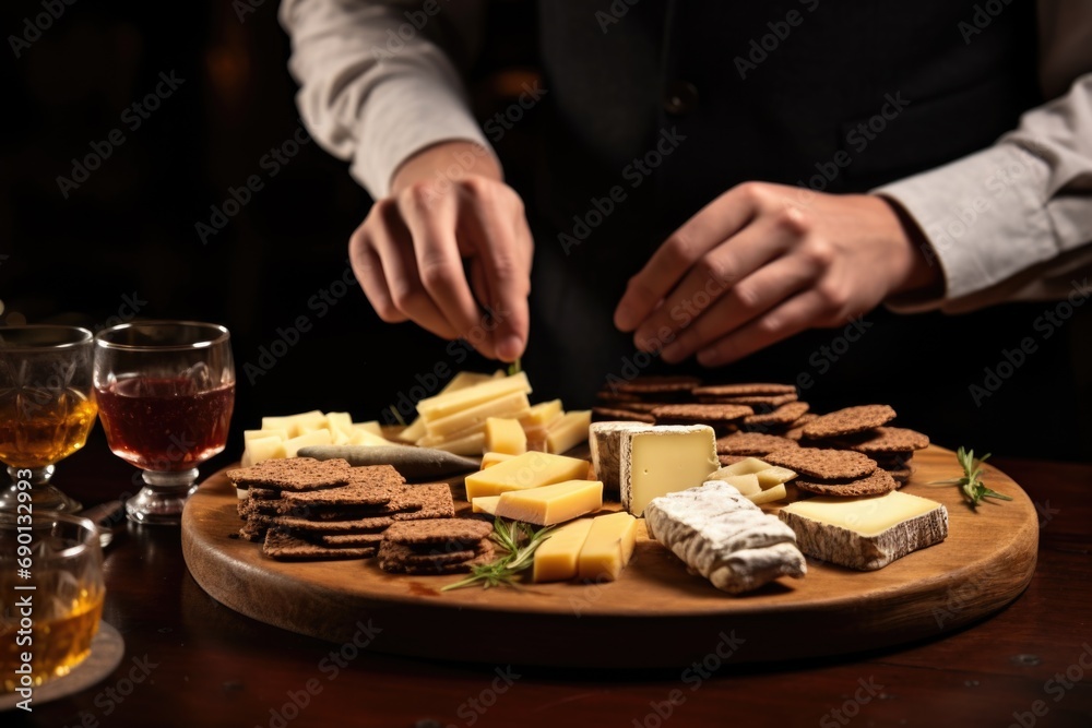 a man serving a platter of rye crackers with cheese a man serving a platter of rye crackers with cheese