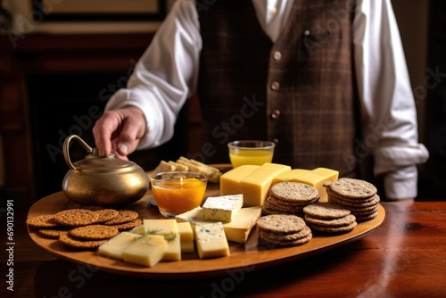 a man serving a platter of rye crackers with cheese