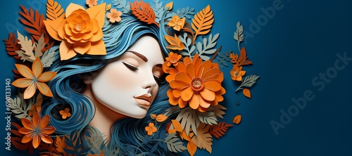 A decorative illustration of a beautiful woman with flowers and leaves in her hair, as a symbol of spring and the awakening of nature, in a mixed 3D style, an illustration for International Women's Da