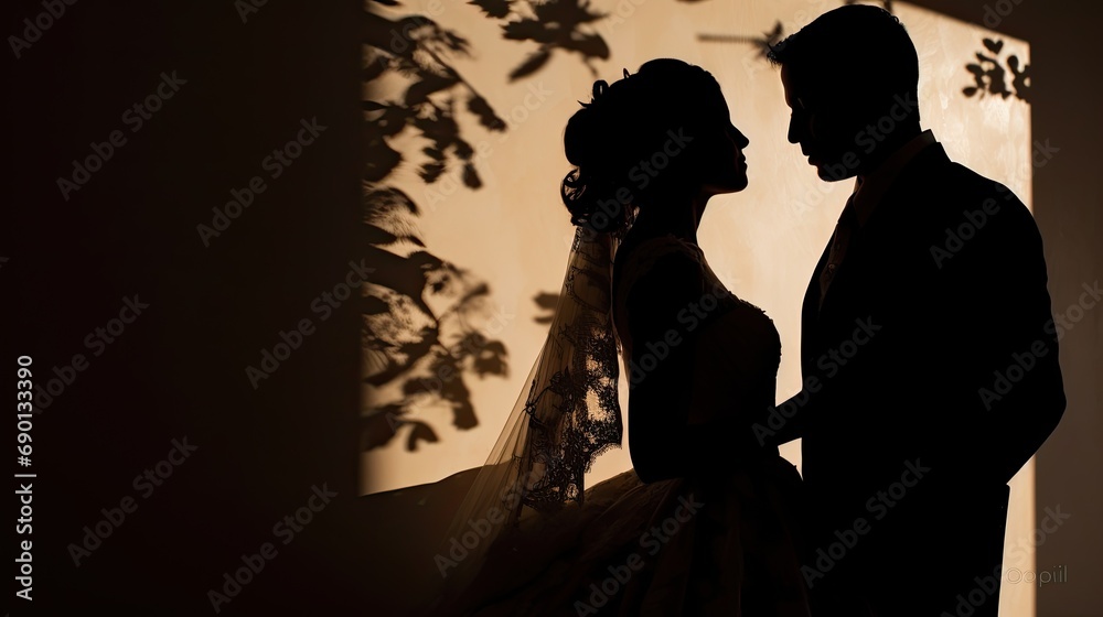 Silhouette of a bride and groom with romantic shadow of leaves on a wall, depicting love and wedding concept.