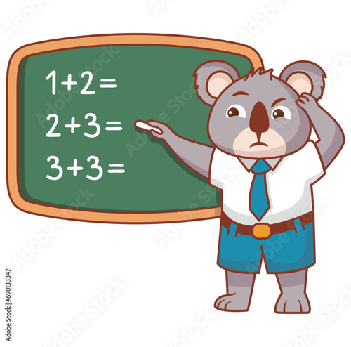 Children koala bear thinking idea and chalkboard.A student solves a math problem at the blackboard.Koala character cartoon schoolboy.Student in trouble.Solves mathematical problem.Elementary school.