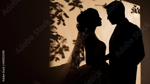 Silhouette of a bride and groom with romantic shadow of leaves on a wall, depicting love and wedding concept.