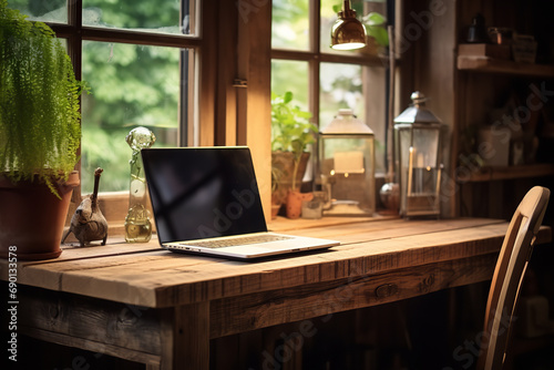An image featuring a rustic home office desk made of reclaimed wood - showcasing unique character and vintage charm in a cozy home workspace - emphasizing sustainability and personal style.