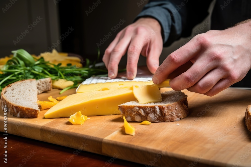 hand placing a slice of cheese onto sandwich