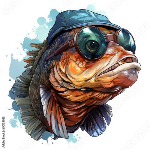 Waterco Bass Fish Sunglasses, Baseball Cap Clipart illustration Generative Ai photo