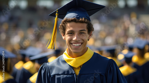 Happy graduate student with curly hair wearing cap and gown with graduation ceremony background. photo