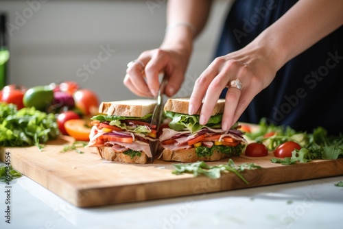 womans hand slicing a fresh sandwich on a board