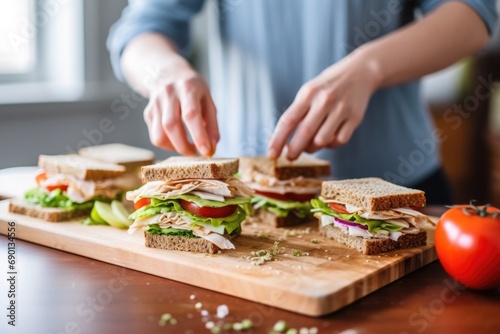 female arranging pieces of sandwich on chopping board