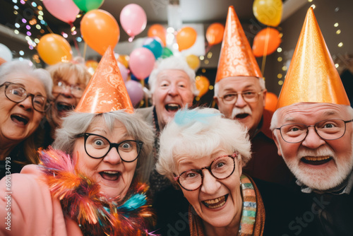 Cheerful seniors taking selfies at a party. Seniors party