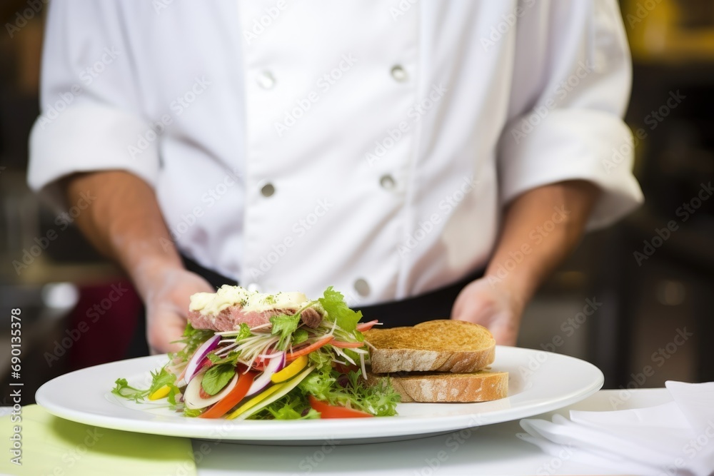 partial view of a chef with sandwich and salad plate