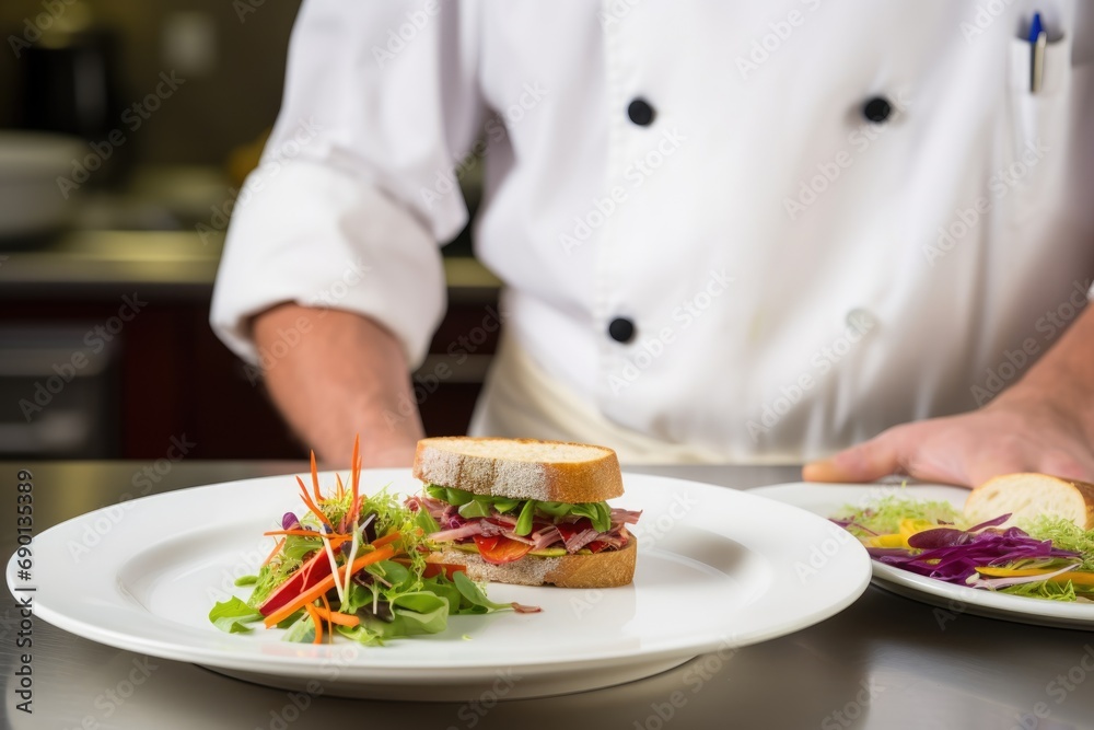 partial view of a chef with sandwich and salad plate
