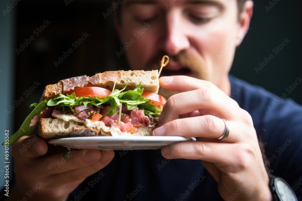 profile shot of a person biting a sandwich with a salad side