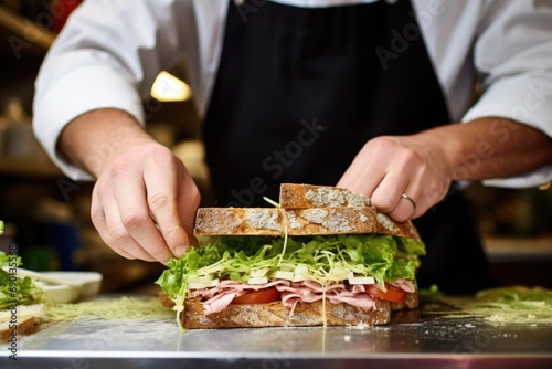 chef adding lettuce to a sandwich in a delicatessen
