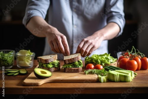 man arranging avocado slices on bread