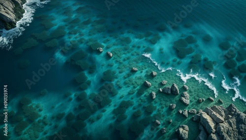 Aerial view of rocky coastline with turquoise sea water.