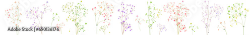 Fototapeta Naklejka Na Ścianę i Meble -  Panoramic horizontal pattern with delicate twigs of gypsophile. Pink, white, blue, green tiny little flowers, small leaves. Branches for bouquets. Botanical illustration in watercolor style, vector