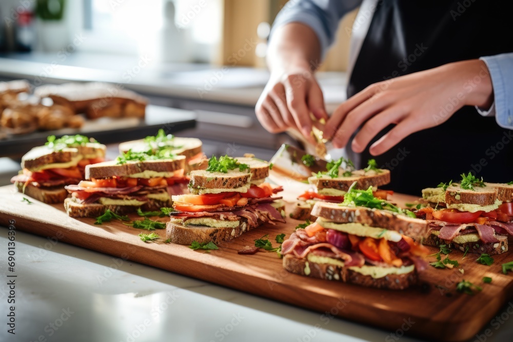 person preparing sandwiches with crispy bacon in a home kitchen