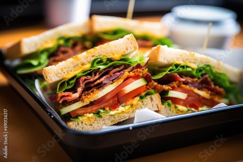 a detailed shot of a sandwich with crispy bacon in a lunch tray