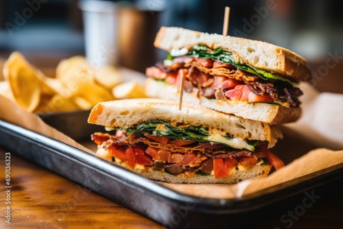 a detailed shot of a sandwich with crispy bacon in a lunch tray © primopiano