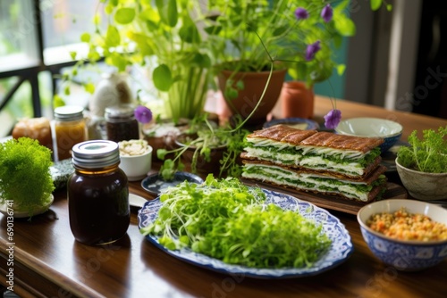 beijing setting with hand-made sandwich and microgreens spread