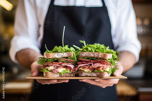 a deli worker presenting a beautifully decorated sandwich with fresh herbs photo