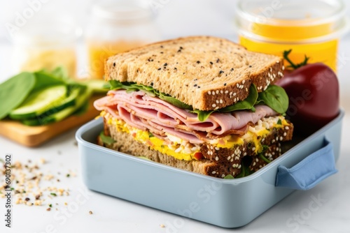 lunch box with a sandwich filled with mustard photo