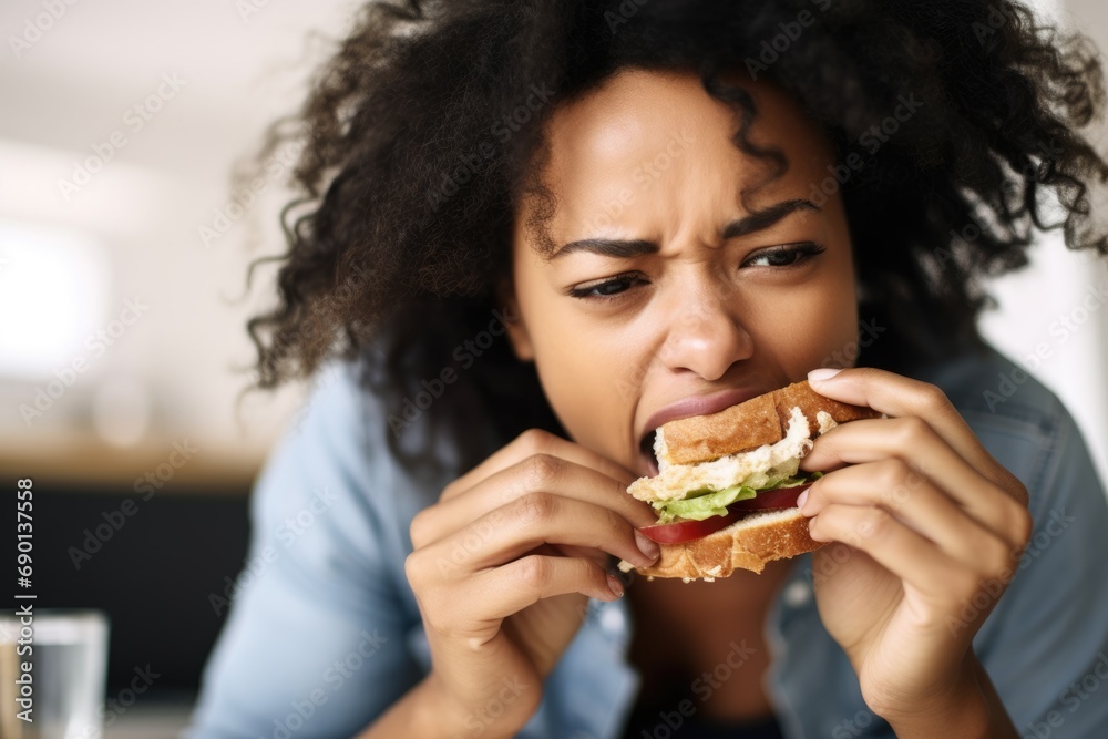 woman biting into her delicious sauerkraut sandwich during lunch break