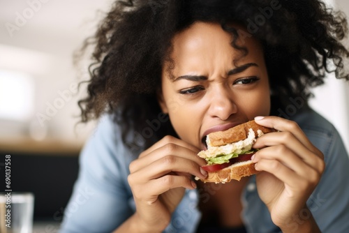 woman biting into her delicious sauerkraut sandwich during lunch break