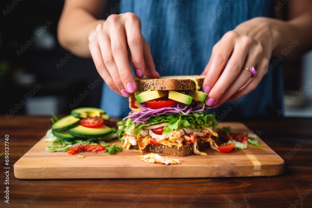 woman garnishing a sandwich loaded with spicy mayo on a chopping board