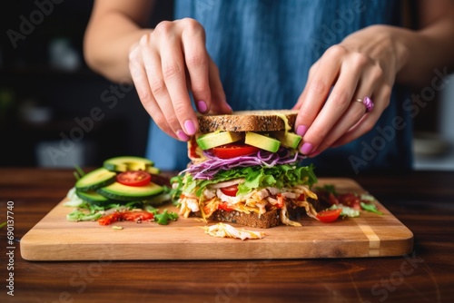 woman garnishing a sandwich loaded with spicy mayo on a chopping board