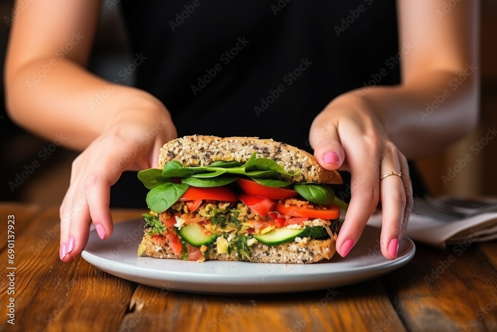 lobster sandwich in female hands over table