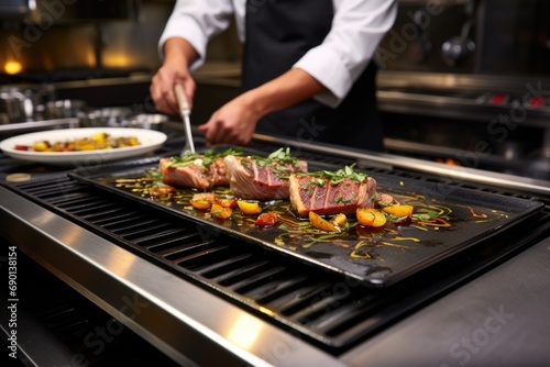 chef placing a seared tuna steak onto a heated serving plate