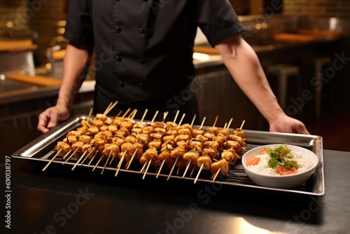 chef presenting tray of shrimp skewers