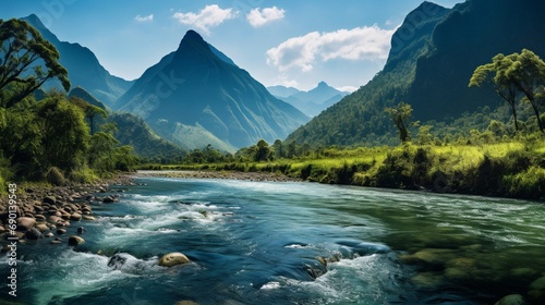 A holy river flowing with its crystal clear water and greenery by its sides. Mountain in the background