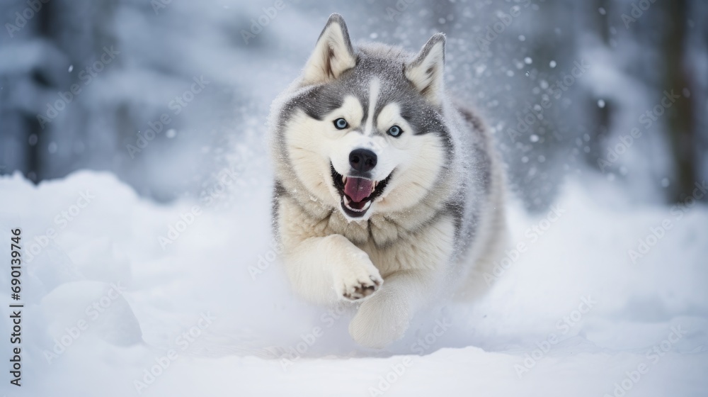 Capturing the essence of winter joy, an Alaskan Malamute exuberantly plays in the snow-covered landscape.