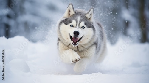 Capturing the essence of winter joy, an Alaskan Malamute exuberantly plays in the snow-covered landscape. © Ceyhun