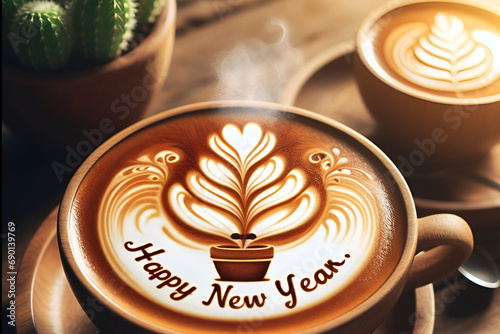 2024, NEW YEAR LATTE ART, cup of coffee on a table